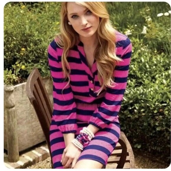 Lilly Pulitzer Beckett Stripe Balloon Sleeve Cinch Waist Dress Pink Blue Large - Picture 1 of 16